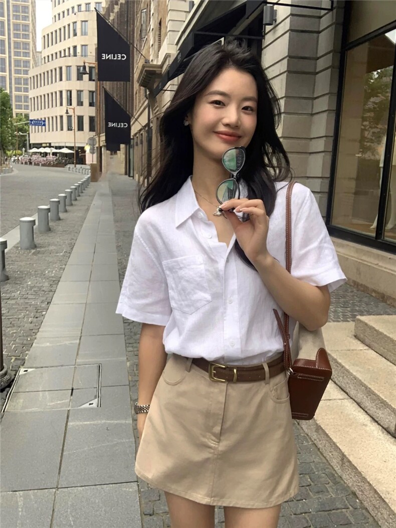 百搭珍珠白亚麻口袋短袖设计感衬衣上衣,女装衬衫,湘姗