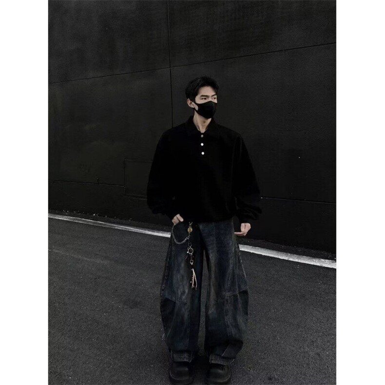 日系复古简约POLO翻领卫衣男女潮牌boxy基础百搭宽松休闲长袖上衣,男装卫衣,星座506A