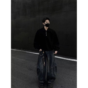 日系复古简约POLO翻领卫衣男女潮牌boxy基础百搭宽松休闲长袖上衣图片
