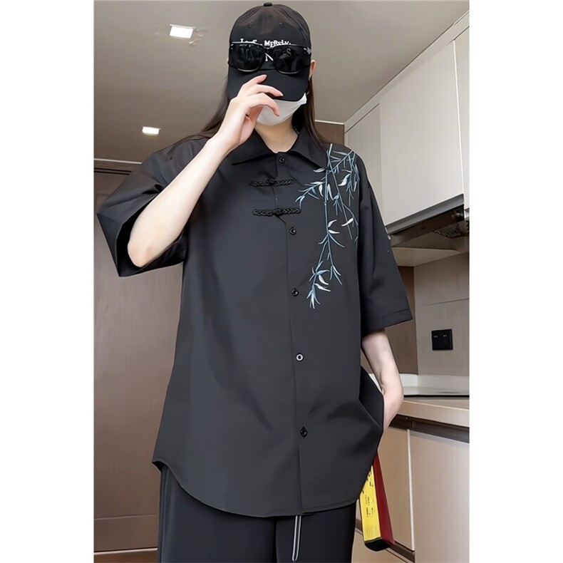 新中式冰丝盘扣衬衫风万针刺绣竹节五分袖衬衣C2319-特P35,男装T恤,星座1213