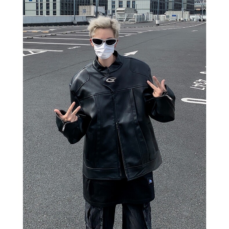 立领机车皮衣男春秋短款垫肩夹克宽松飞行外套潮牌W6866-P62,男装夹克,星座412-3
