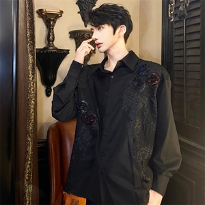（）暗黑彩色玫瑰花朵复古衬衫 男女百搭长袖衬衫5003-P88图片