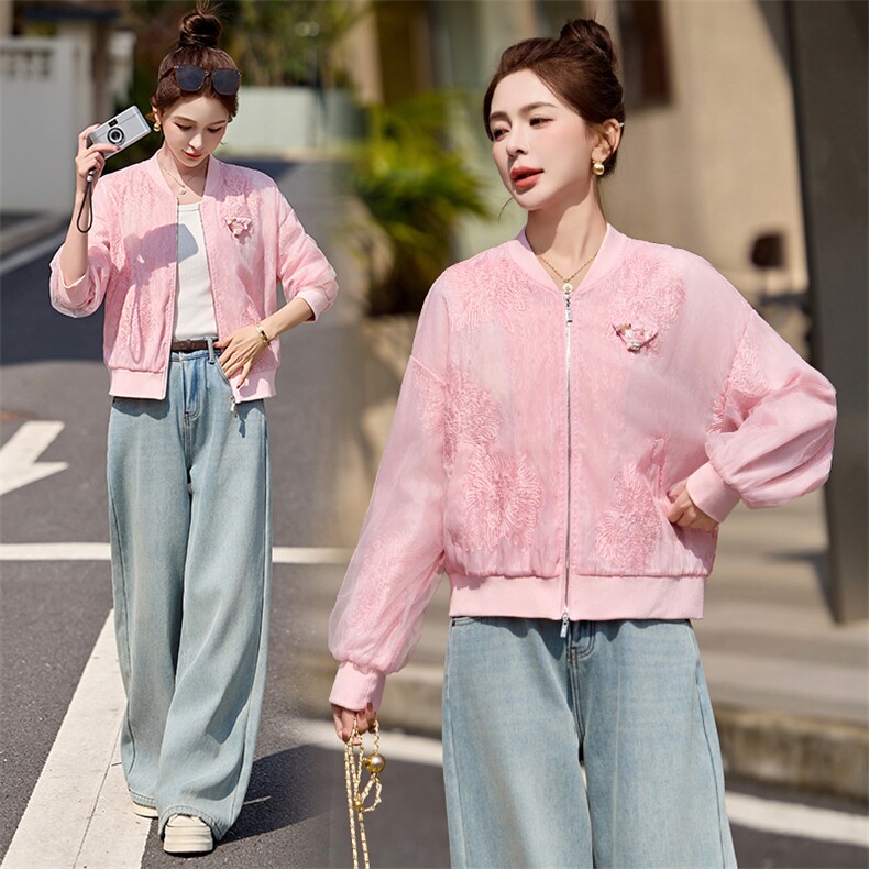 粉色小香风刺绣棒球服外套女2026春夏新款小个子百搭防晒薄款上衣,女装短外套,艾仟回(原伊仟回)