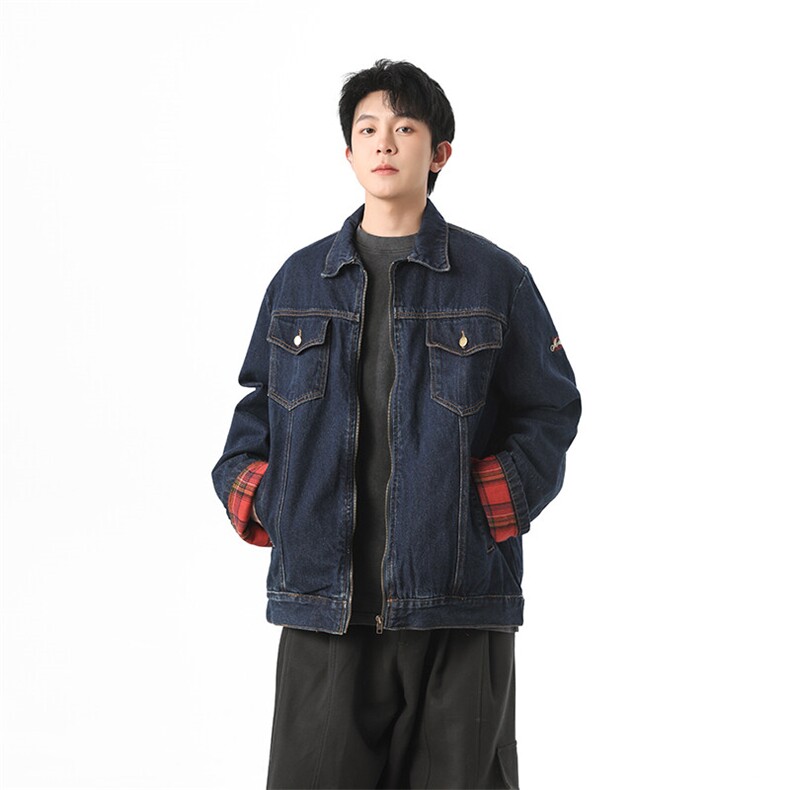 美式复古格纹拼接牛仔外套男女休闲宽松百搭工装夹克潮JK1166-P80,男装夹克,星座1103-3