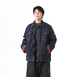 美式复古格纹拼接牛仔外套男女休闲宽松百搭工装夹克潮JK1166-P80图片