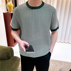 夏季男生短袖冰丝短袖针织衫薄款拼色宽松N6718-P50，男装针织衫/毛衣，星座1012-1
