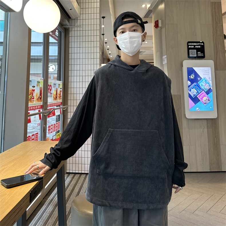 23秋装港风宽松背心ins潮灯芯绒连帽马甲慵懒风情侣中性H229/P50,男装背心/马甲,钱塘713