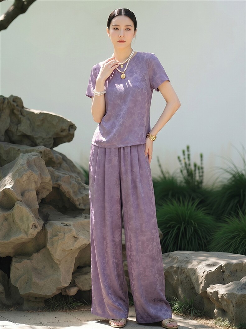 气质时髦套装女夏款高级感新中式刺绣印花上衣阔腿长裤两件套,女装套装/套裙,江南