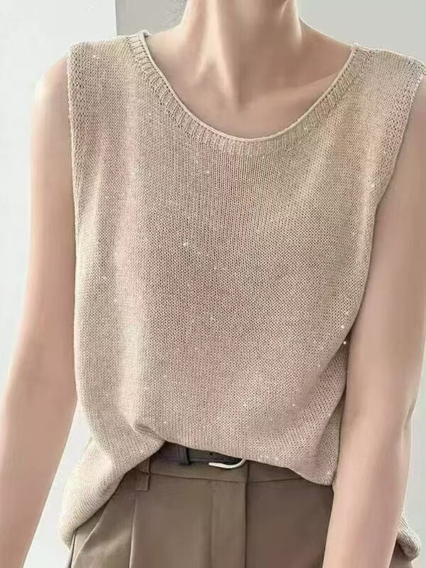 女士天丝亚麻吊带背心女夏外穿内搭2025新款宽松无袖针织打底上衣,女装T恤,艾米娇羊绒