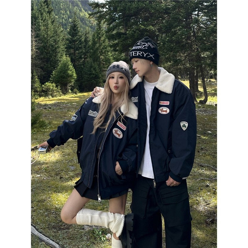 羊羔绒外套男女情侣装秋冬季夹棉加厚毛领棉袄棒球服棉衣JK3981图片