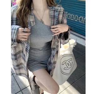 高级感格子衬衫女春秋穿搭撞色拼接衬衣夏季小众防晒衣女外穿2025图片