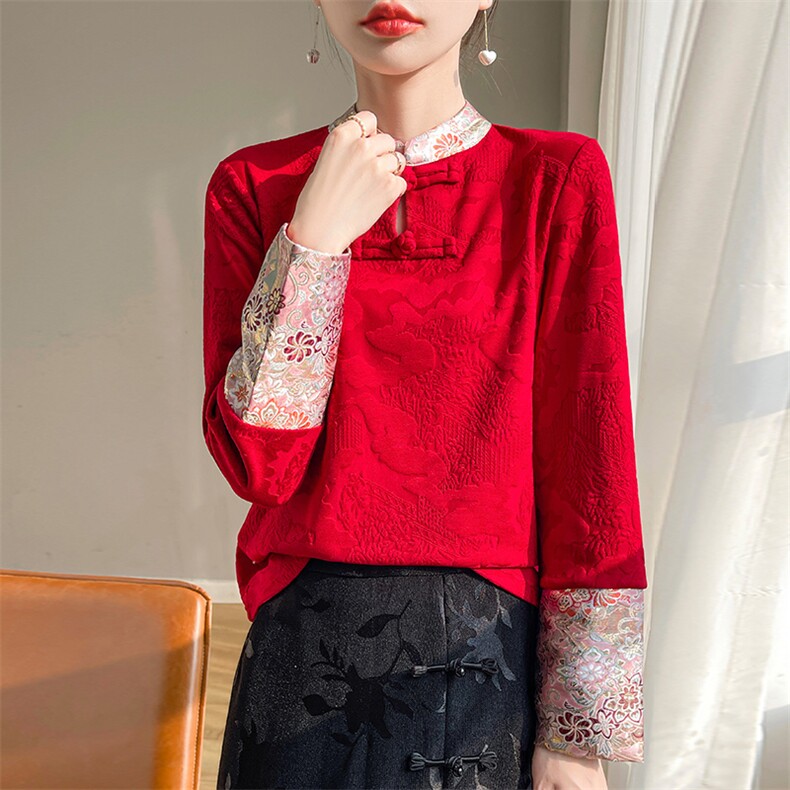新中式女装重工绣花仿真丝上衣女云锦缎春季国风立领茶服盘扣衬衫,针织衫/毛衣,圣丽羊绒