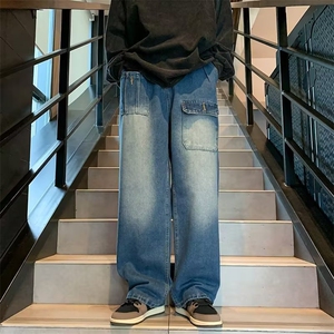 美式vibe高街裤子ins潮口袋设计工装牛仔裤男秋冬潮牌垂感拖地裤图片