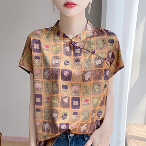 专柜品质~新中式国风盘扣真丝衬衫女夏季新款复古印花小飞袖上衣图片
