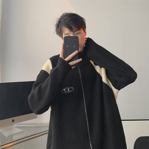 秋款男高领毛衣印花图案拼色针织衫拉链夹克外套M05 P65图片