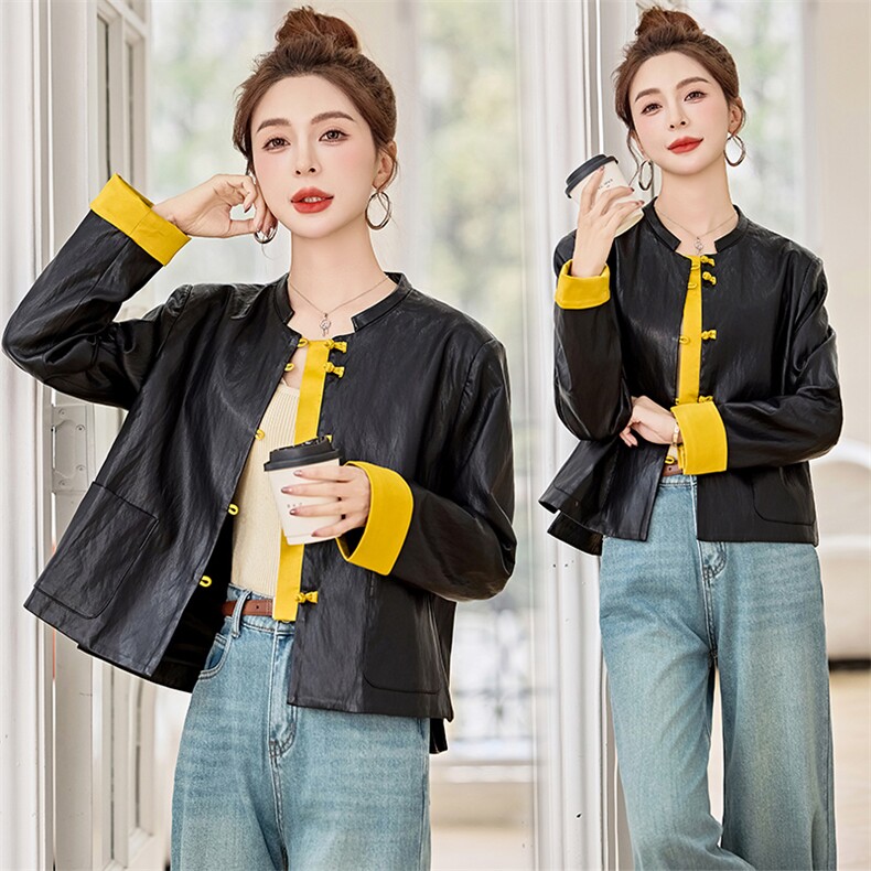 立领盘扣皮衣女春秋款撞色干净利索时尚设计感国风元素新中式上衣，女装皮衣，衣之秀
