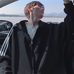 美式三条杠连帽卫衣男秋冬款cleanfit开衫夹克痞帅加绒加厚外套