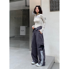 欧美式复古高街裤子hiphop条纹星星工装裤男女翻边设计感宽松秋季，男装工装外套，星座1013