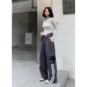 欧美式复古高街裤子hiphop条纹星星工装裤男女翻边设计感宽松秋季图片