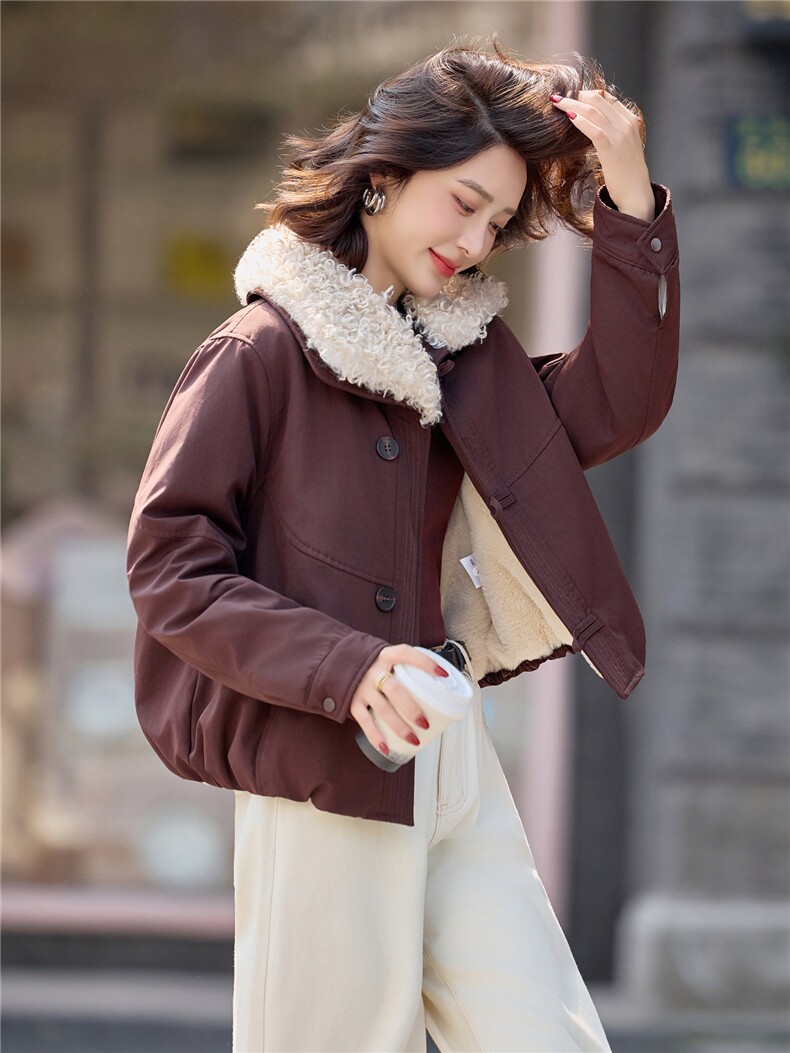 时尚羊羔毛领加绒派克服外套女2025冬季新款休闲气质保暖棉服上衣,女装短外套,印象茜