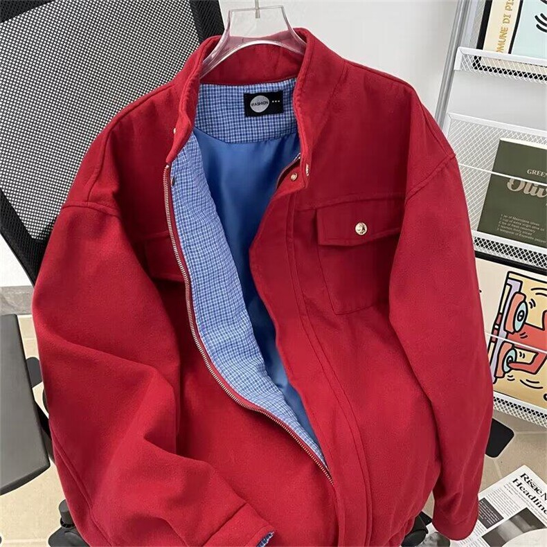 美式潮红色毛呢外套男女高级感工装百搭呢子夹克AK7P85，男装夹克，星座1116-2