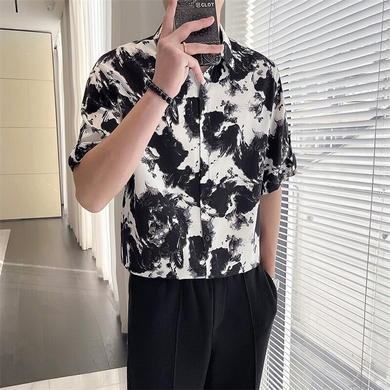 轻熟风~大码男装夏季水墨画冰丝中袖衬衫C208/P40,男装衬衫,电商B331