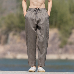 纯亚麻裤子男夏季薄款修身小直筒休闲透气长裤子K49P105图片