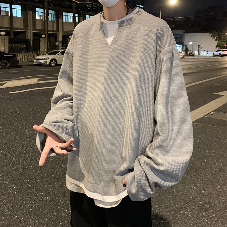 2024新美式假两件叠穿撞色套头卫衣宽松长袖t恤V领现货W8341-P32,男装卫衣,星座512-4