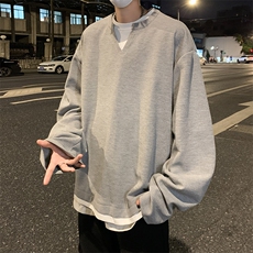 2024新美式假两件叠穿撞色套头卫衣宽松长袖t恤V领现货W8341-P32，男装卫衣，星座512-4