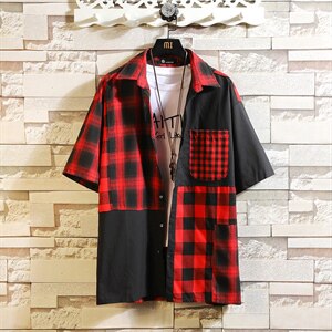夏季短袖格子拼接休闲男衬衫外套大码日系商务风男 TX1908-P40图片