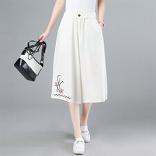 2021夏季新款时尚休闲舒适松紧腰个性绣花阔腿七分裤，女装休闲裤，奕阳依阁