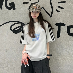 抖音得物高品质二开240克宽松纯棉美式潮牌三条杠织带短袖T恤图片