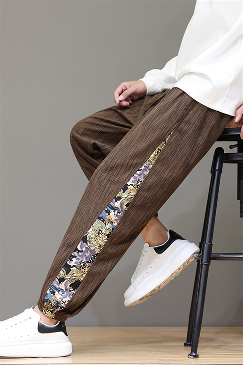 风新款龙纹拼接灯芯绒束脚哈伦裤男宽松复古大码休闲裤长裤子,男装休闲裤,星座219