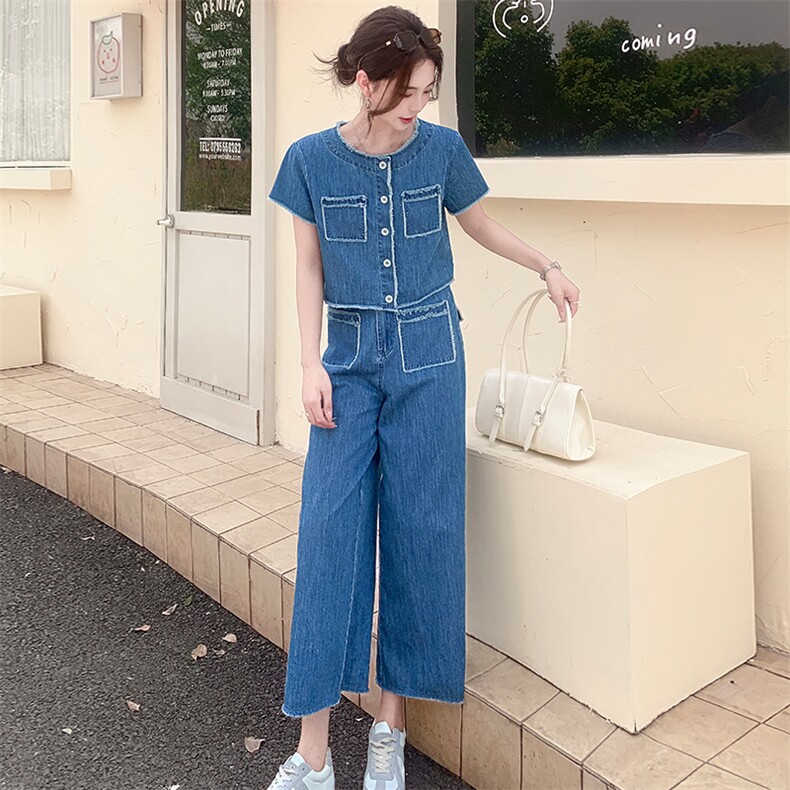 休闲时尚毛边牛仔套装女2025年夏季新款宽松气质减龄阔腿裤两件套,女装套装/套裙,浙宝二楼003号