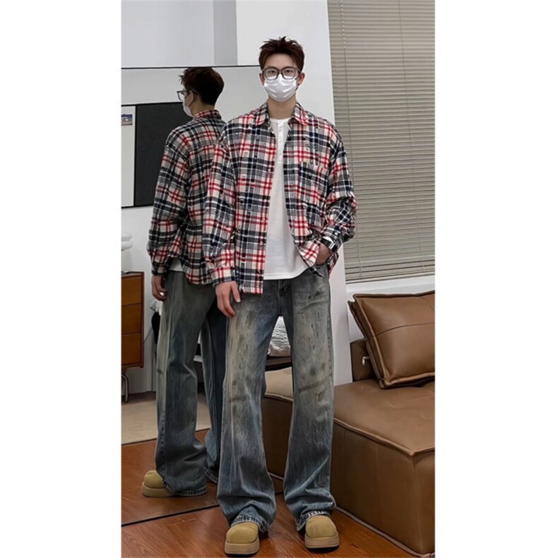 1506/Q30300/P43早秋韩系穿搭格子衬衫男高级感男装长袖衬衣外套图片
