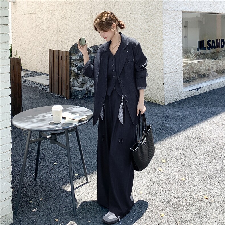 藏青色气质西装马甲阔腿裤套装女春秋高级感巨好看大方得体三件套，女装套装/套裙，慧尚依恋