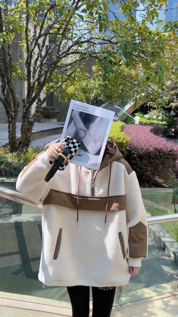 颗粒绒撞色加绒卫衣，女装卫衣/绒衫，一杭