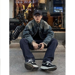 新款春秋美式复古水洗牛仔衣短外套男潮牌棒球服工装夹克图片