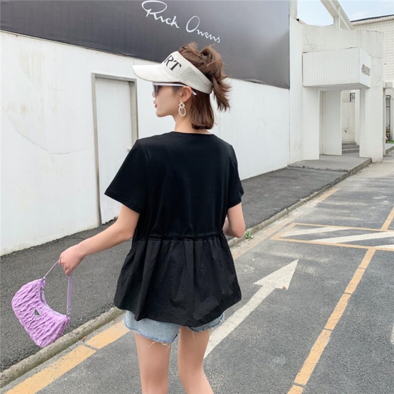 现货夏季新款短袖小衫两种面料拼接设计传统与时尚结合,女装,蜜思优沫