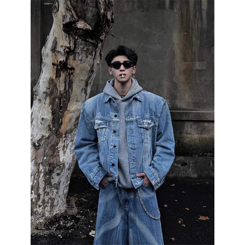 新款美式水洗重工做旧高级感痞帅短款牛仔外套男宽松潮牌牛仔夹克，男装工装外套，星座506A