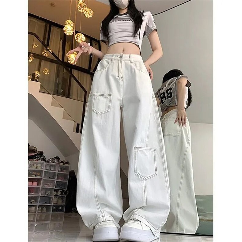 2501-P40美式复古明线解构白色弯刀牛仔裤女街头垂感,男装牛仔裤,电商B323A