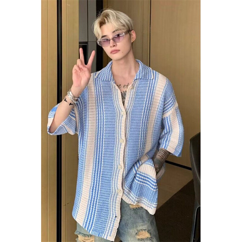 蓝白撞色针织衬衫短袖男生夏季薄款镂空开衫复古翻领衬衣M04,男装针织衫/毛衣,星座1116A（原606A-3）