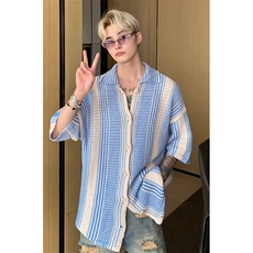 蓝白撞色针织衬衫短袖男生夏季薄款镂空开衫复古翻领衬衣M04，男装针织衫/毛衣，星座1116A（原606A-3）
