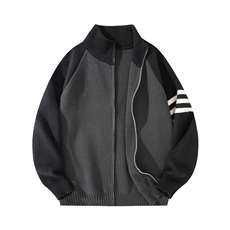 重磅秋冬北极绒开衫毛衣美式复古休闲慵懒风撞色立领针织衫外套，男装针织衫/毛衣，电商A486-1