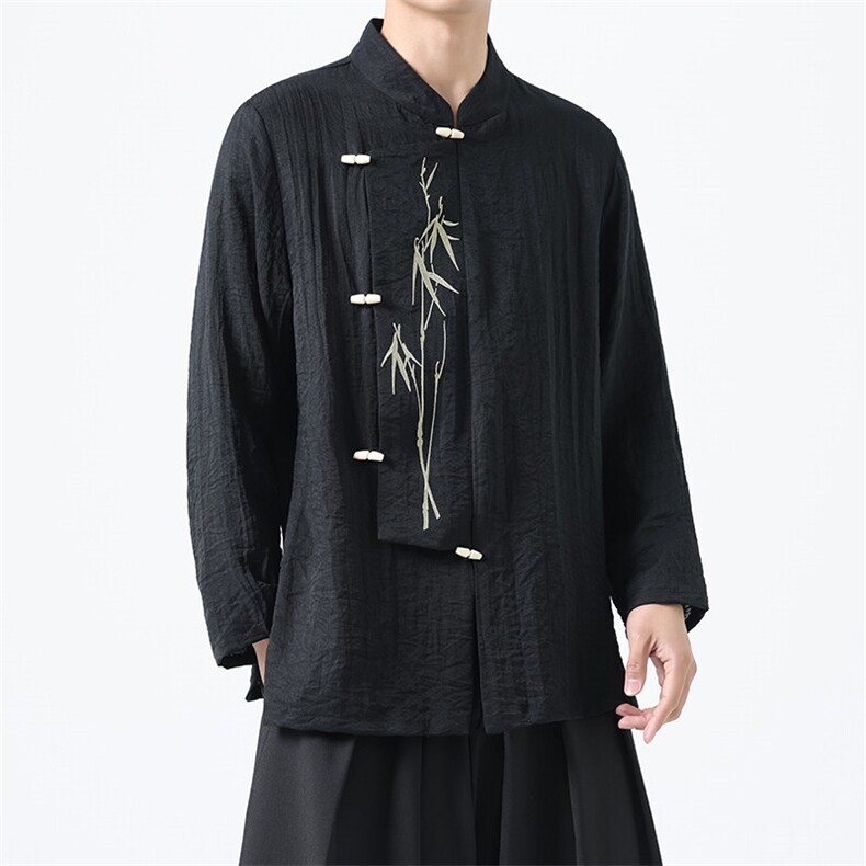 风（折枝金竹）棉麻混纺绣花木头扣大码宽松长袖衬衫男女款,男装衬衫,星座305A（原312A-1）
