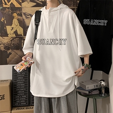 LD54229-P45连帽短袖t恤男大码胖子带帽五分袖中袖，男装T恤，电商A040