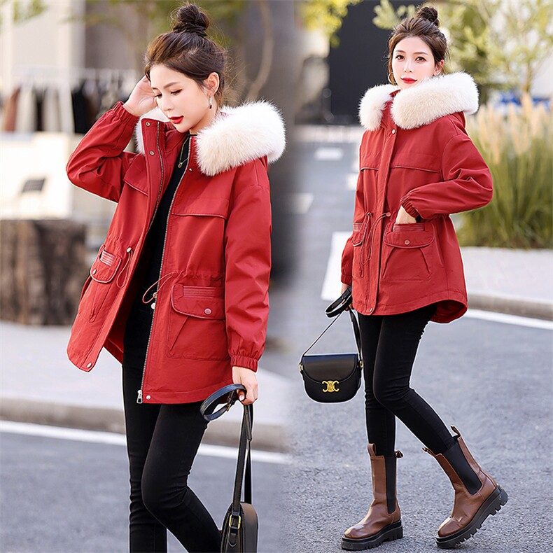 2023新款冬装派克服连帽加厚毛毛外套韩版显瘦大码抽绳棉衣棉服女，女装派克服，奕薇雅