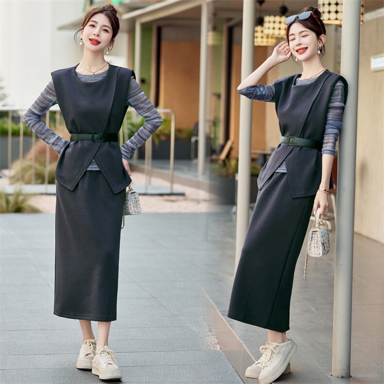 时尚套装女2025春秋新款小香风打底衫马甲半身裙三件套名媛设计感，女装套装/套裙，悠米