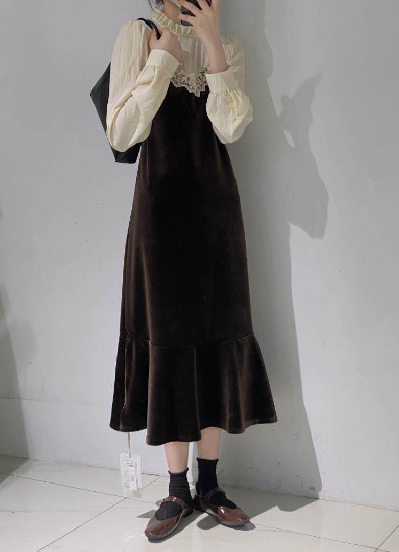 拼接丝绒鱼尾连衣裙，女装连衣裙，驿谷