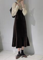 拼接丝绒鱼尾连衣裙，女装连衣裙，驿谷